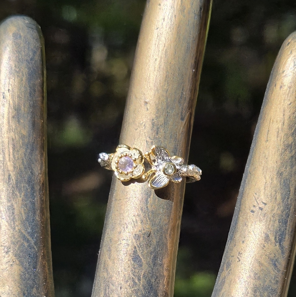 Tanzanite & Blue Topaz Flower & Butterfly Sterling & Gold Ring Sz6 Adjustable - Picture 3 of 9